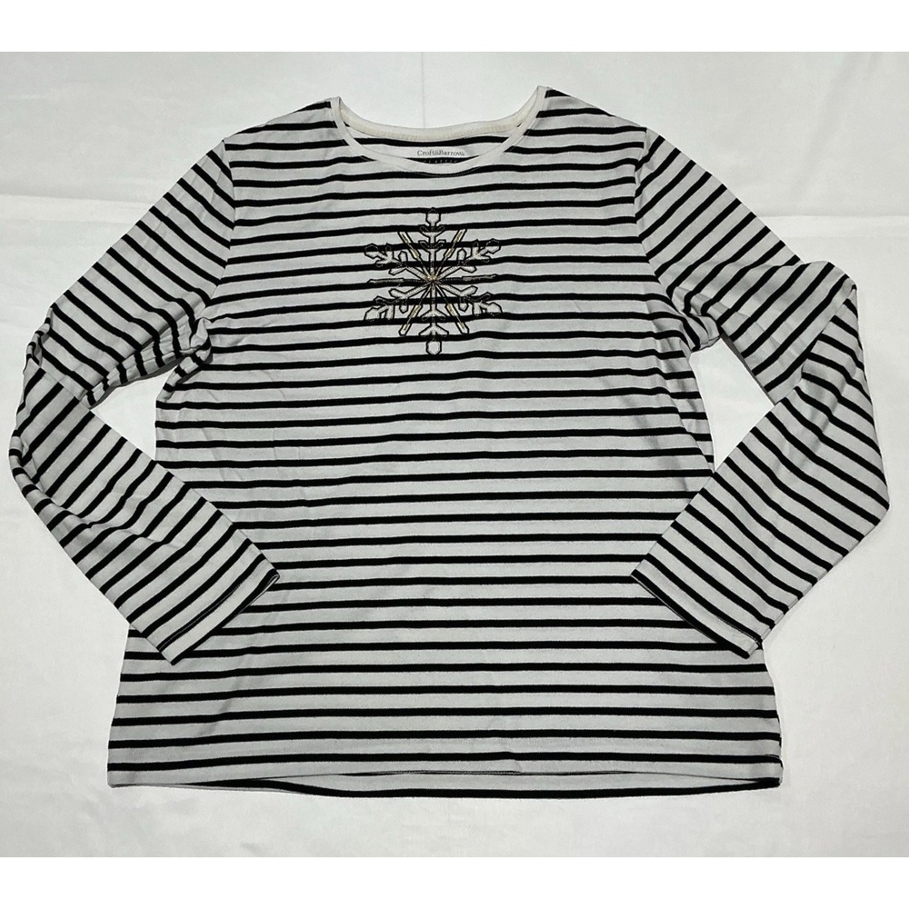 Croft & Barrow Shirt Womens Large White Black Striped Snowflake Holidays